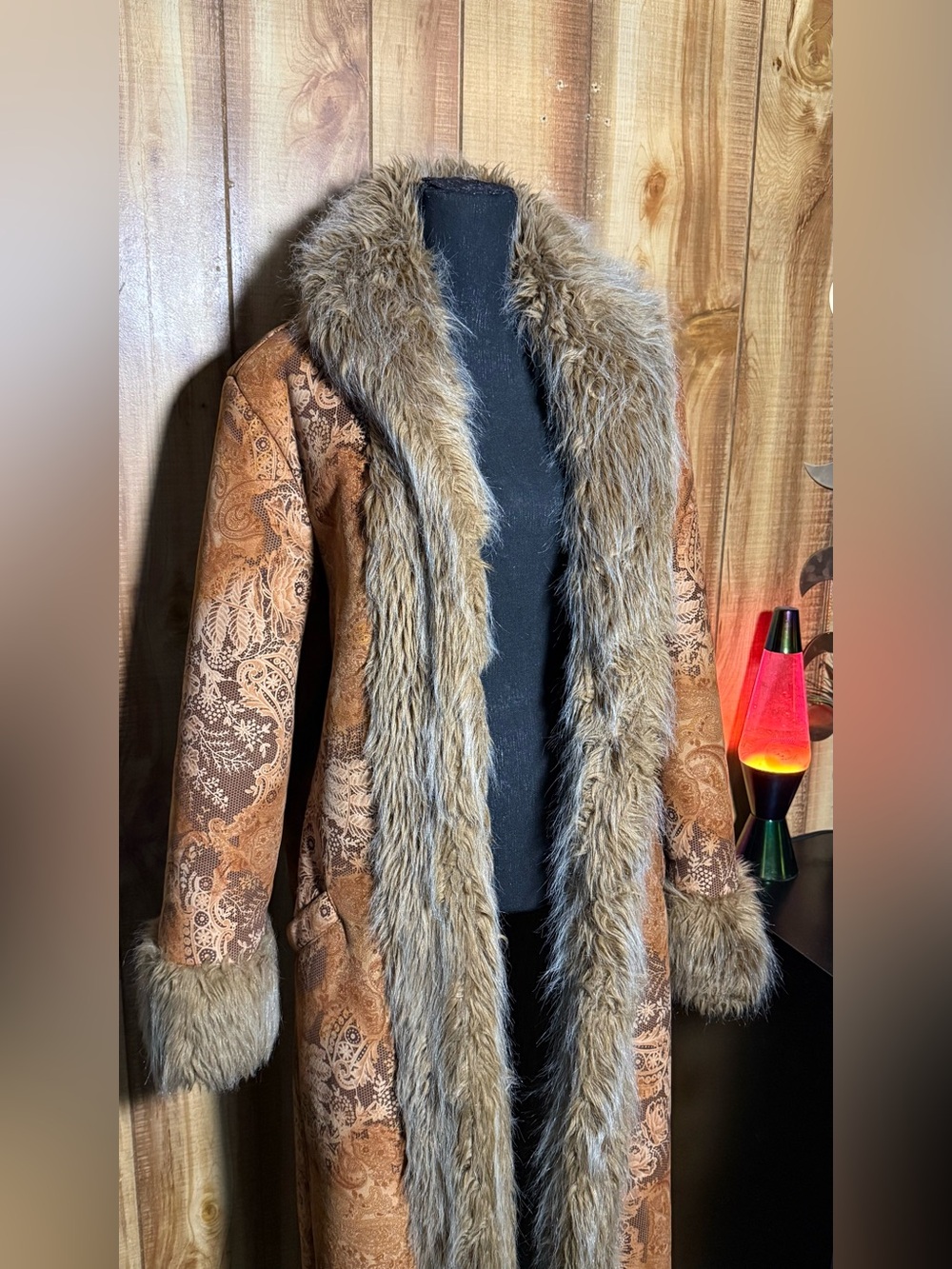 Newport News Brown Paisley Teddy Coat with Faux Fur Trim - Picture 2 of 14